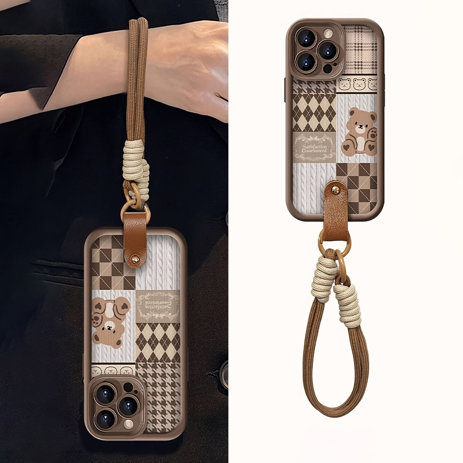 Spliced Bear with Hand Strap Shock Absorption Brown Frosted All-Inclusive Anti-Fall Mobile Phone Case Suitable for Apple 16PROMAX/16PLUS/16PRO/16/15PROMAX/15PLUS/15PRO/15/14PROMAX/14PLUS/14PRO/14/13PROMAX/13PRO/13/12PROMAX/12