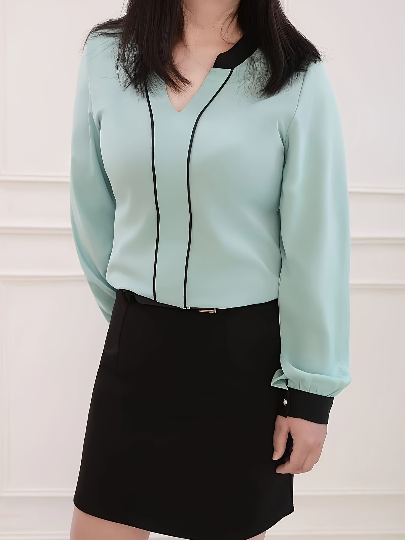 Women's Elegant Office Work Shirt, Color Block Cut-Out Collar Long Sleeve, Casual Fashion Two-Way Wear, Spring/Summer, Polyester, Solid Color, V-Neck, Adult, Woven Fabric