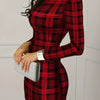 Women's Long Sleeve Mandarin Collar Bodycon Dress - Casual Plaid Polyester Knit Fabric with Spandex, Perfect for Spring/Summer/Fall