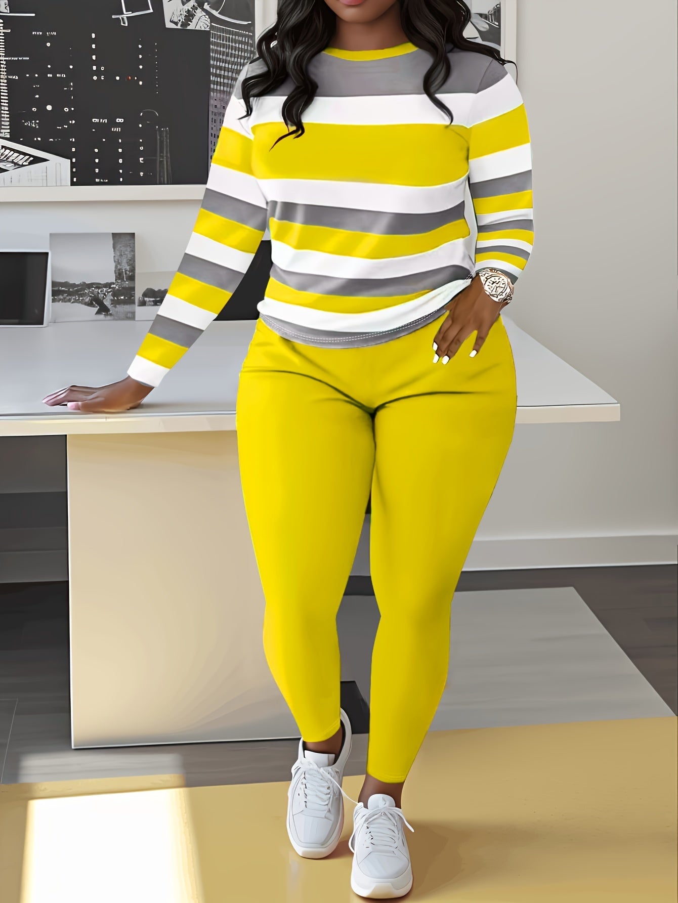 Slim Matching Two-piece Set, Casual Long Sleeve Crew Neck Striped Color Block T-shirt & Solid Elastic Waist Pants Outfits, Women's Clothing