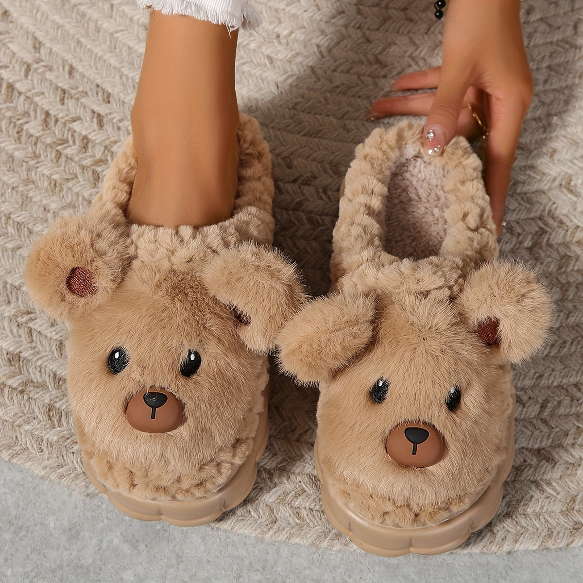 Ladies Cartoon Plush Lined Cozy Thick Sole Home Slippers, Honey Girl Style, Easy Slip-On, Cartoon Pattern, Winter Comfy Fabric Footwear with EVA Sole, European & Southeast Asia Special - Ruian Origin