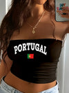 Portugal Women's Casual Graphic Print Tube Top - Black Cropped Stretchy Shirt with National Flag Design, Machine Washable All-Season Layering Essential, Medium Elasticity Fabric