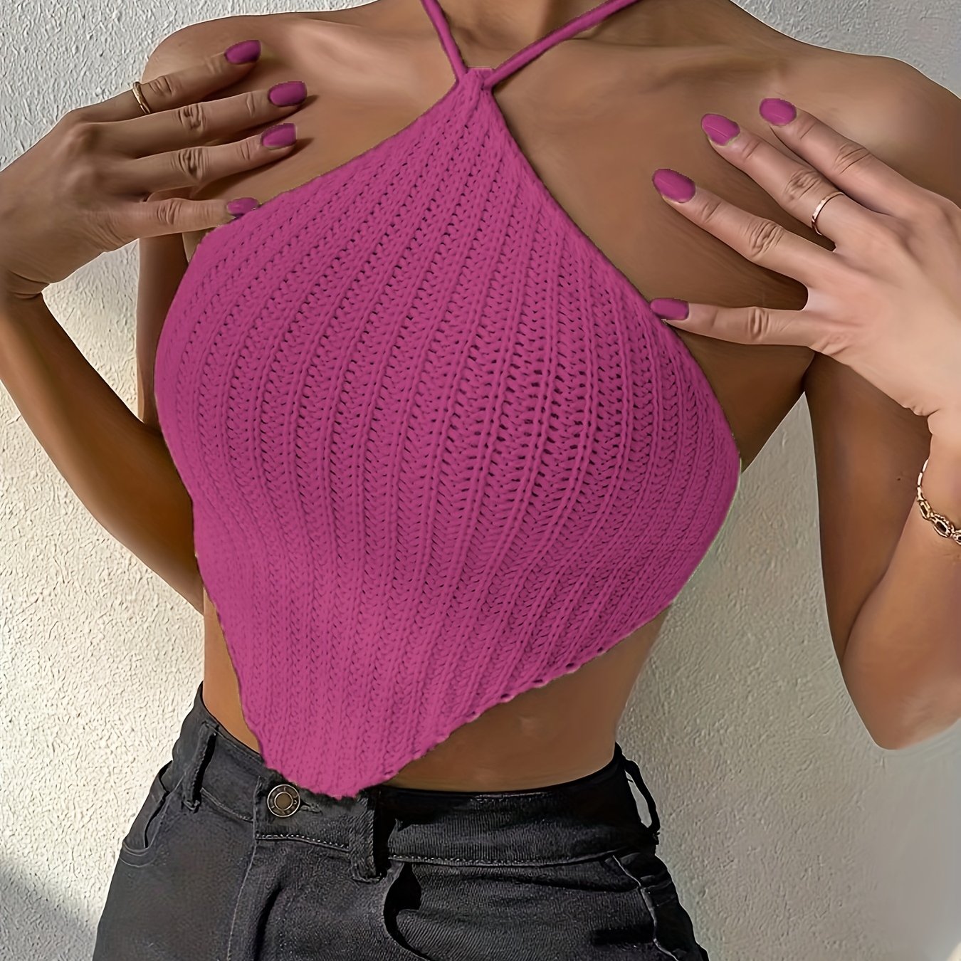 Solid Halter Neck Knit Top, Elegant Backless Hanky Hem Top For Spring & Summer - Women's Clothing - Soft & Breathable Knit Fabric - Perfect for Casual & Party Occasions - Ideal Gift for Women