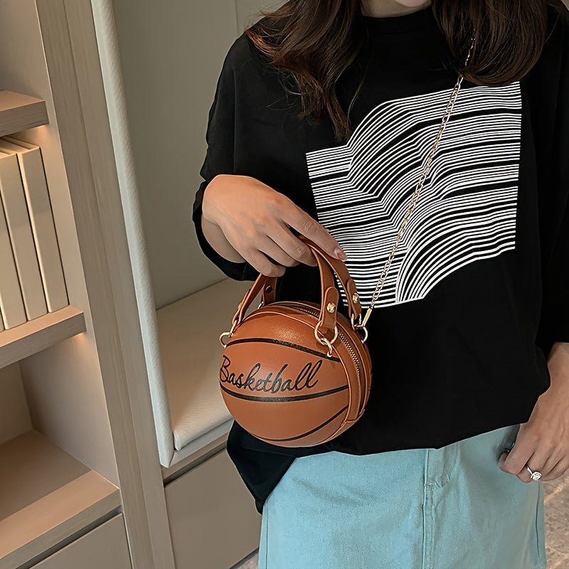 Stylish Women's Basketball Crossbody Bag - Chic PU Shoulder Bag with Zip Closure, Polyester Lining, Perfect for Sports Enthusiasts, Basketball Messenger Mini Round Bag PU Clutch, Suitable for Dates, Work, Vacation, Parties, C