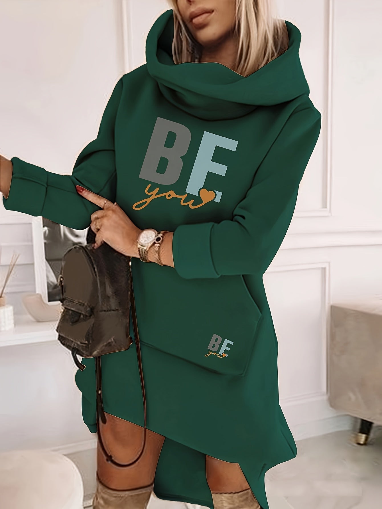 Women's Fashion Hooded Tunic Dress, 100% Polyester Knit Fabric, Geometric Pattern, Applique Detail, for Spring/Summer/Fall