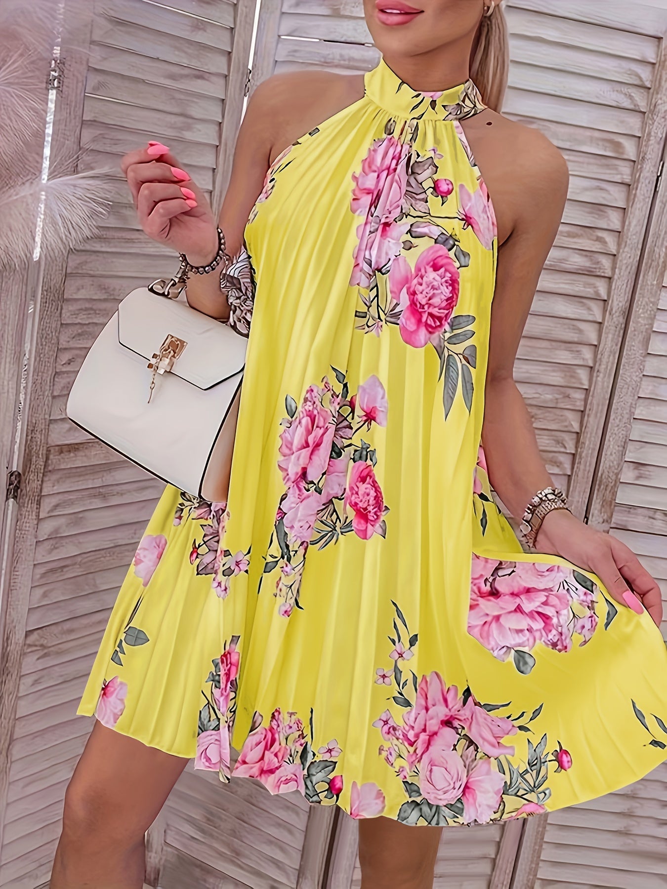 Spring-Summer Chic Choker Style Dress - Sleeveless, Floral Elegance, Women’s Perfect Sundress