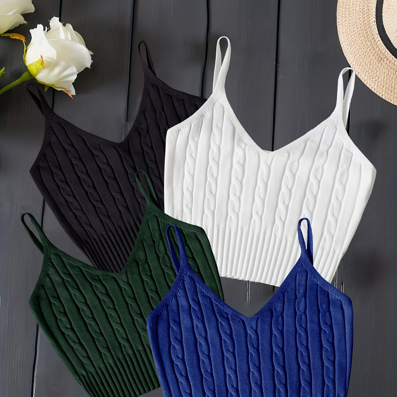 Valentine's Day 4 Packs Cable Knit Cami Tops, Versatile Crop V Neck Summer Sleeveless Cami Tops, Women's Clothing