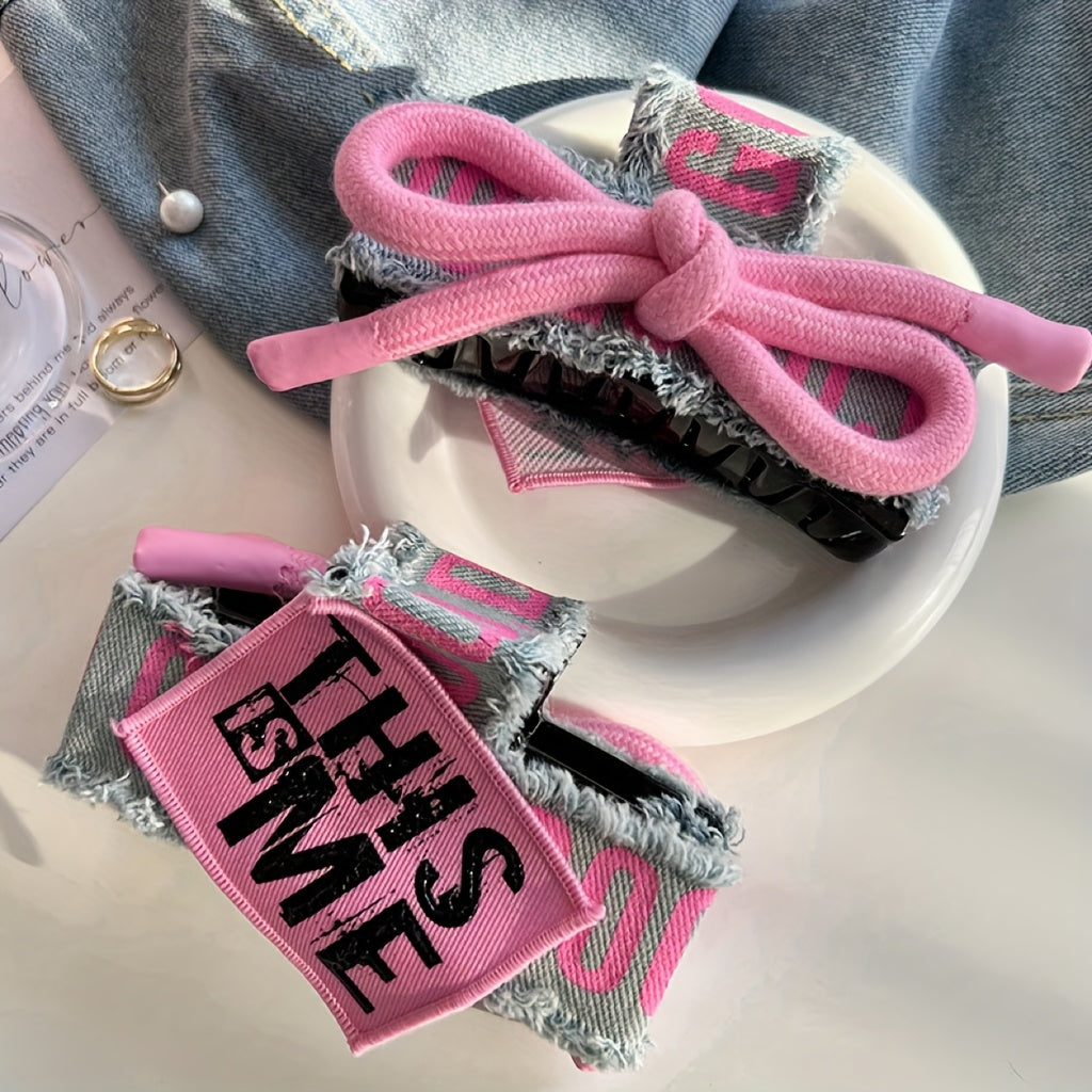 Pink Denim Bow Hair Clip for Women - Stylish Two-Tone Shark Clip with Ribbon Detail, Non-Slip Plastic Back, Perfect for Casual or Formal Occasions, Hair Accessory | Playful Accessory | Fabric Bow Detai
