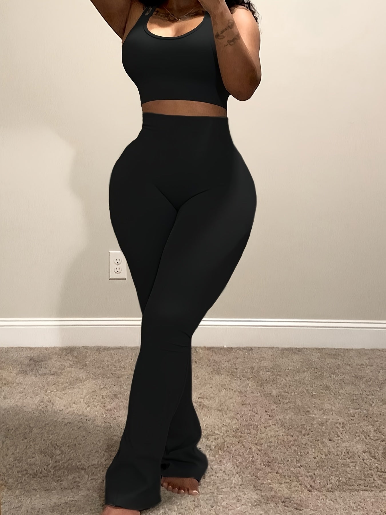 Women's Green 2-Piece Flare Yoga Pants & Sleeveless Crop Top Set – High-Waisted, Soft Stretch Activewear for Travel, Workouts & Casual Days