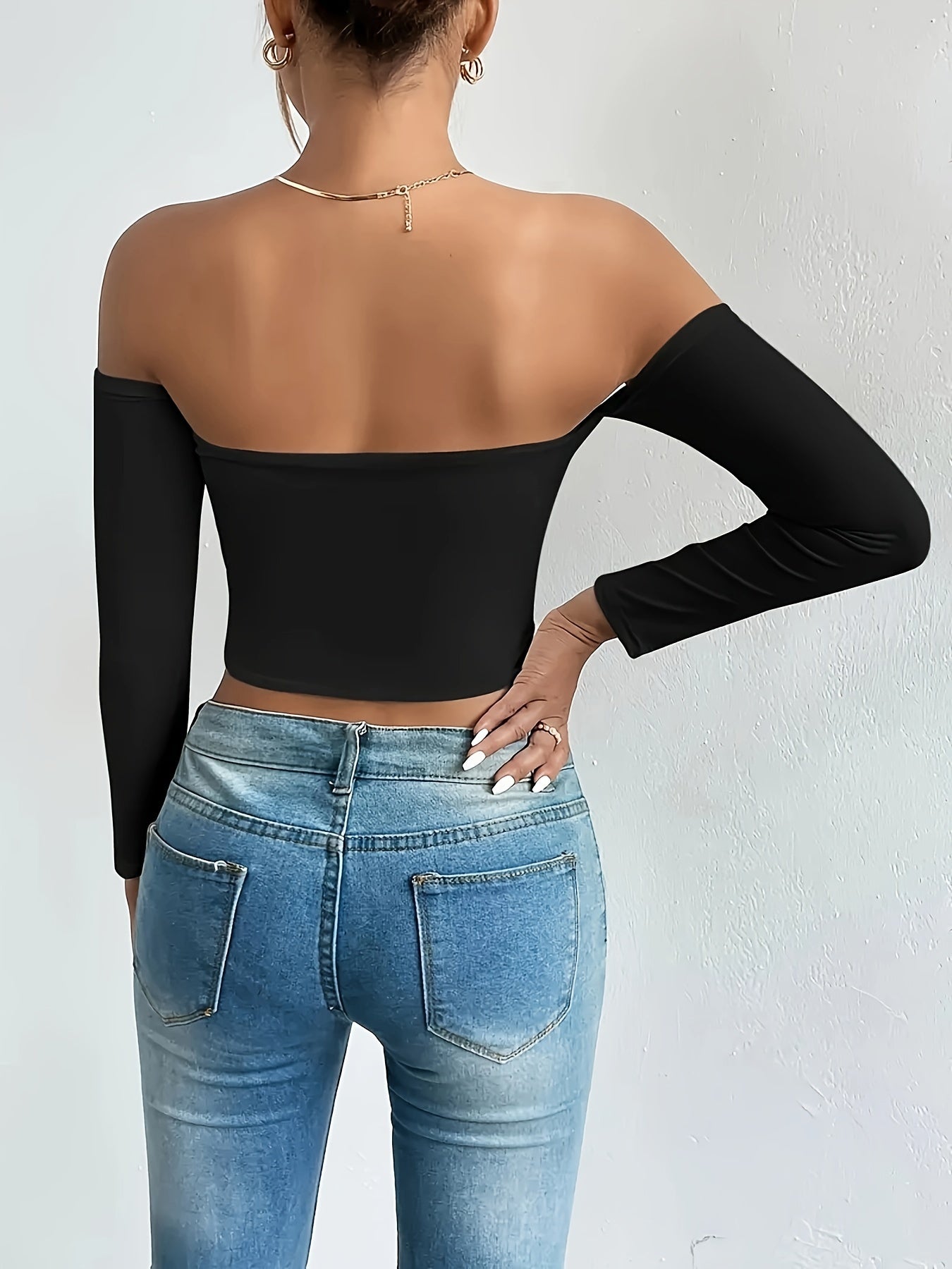 Off Shoulder Crop T-Shirt, Sexy Long Sleeve Slim Top For Spring & Fall, Women's Clothing