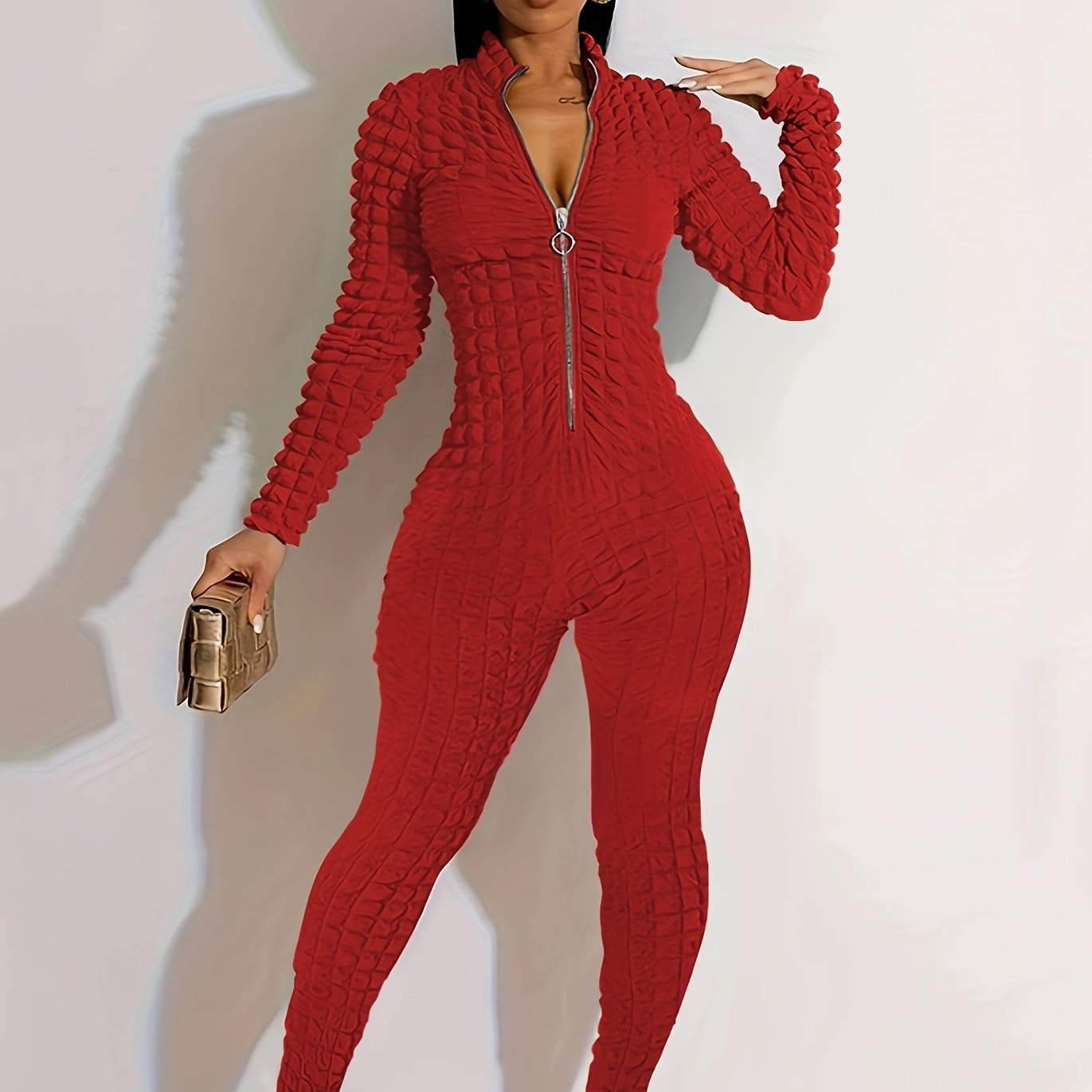 Women'S Solid Color Popcorn Jumpsuit, Polyester 95% Spandex 5% Long Sleeve Crew Neck Knit Fabric, Chain Detail, Regular Sleeve, Spring/Fall Season, 250g/m² Fabric Weight