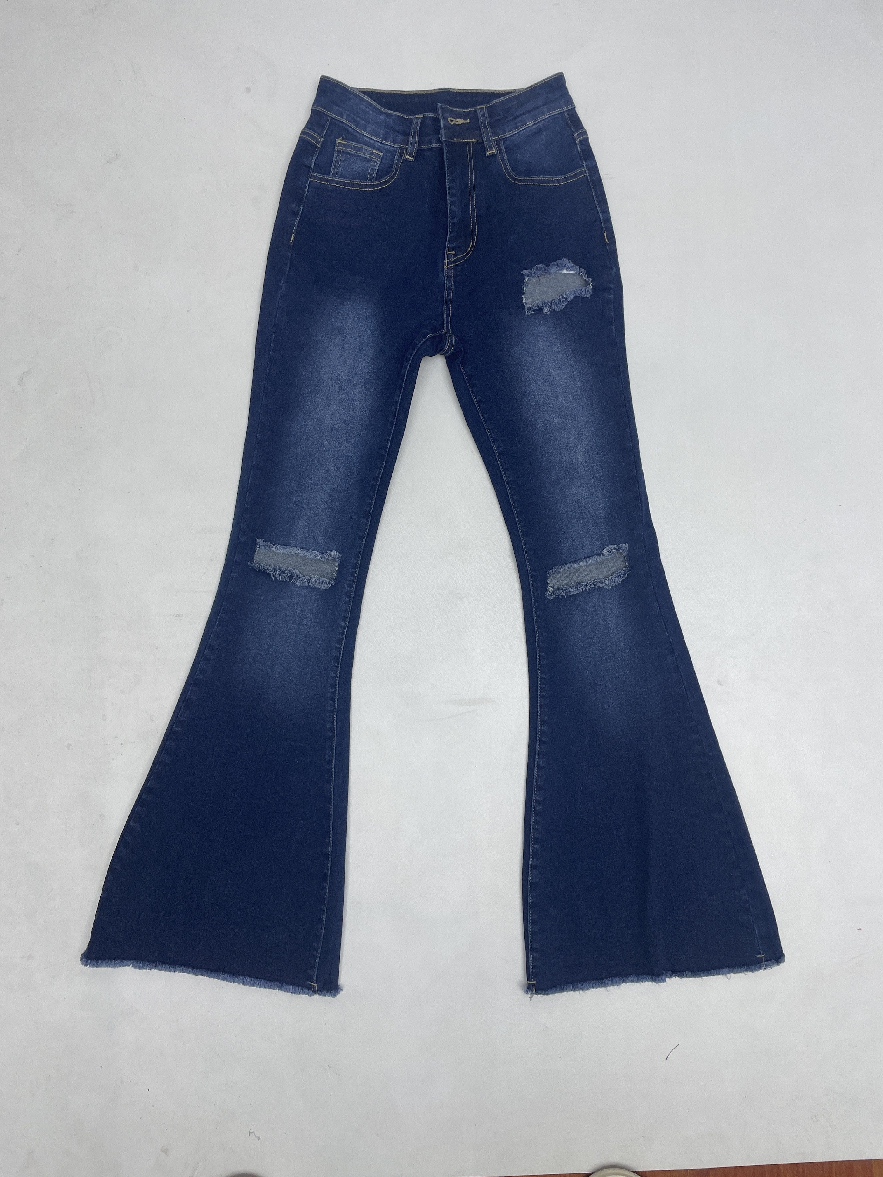 Women's High-Stretch Distressed Flared Jeans - Elegant Bell-Bottom Denim Pants with Geometric Pattern & Frayed Hem, Machine Washable All-Season Casual to Dressy Wear, Ladies Jeans, Versatile Clothing, Trendy Fashion, Durable