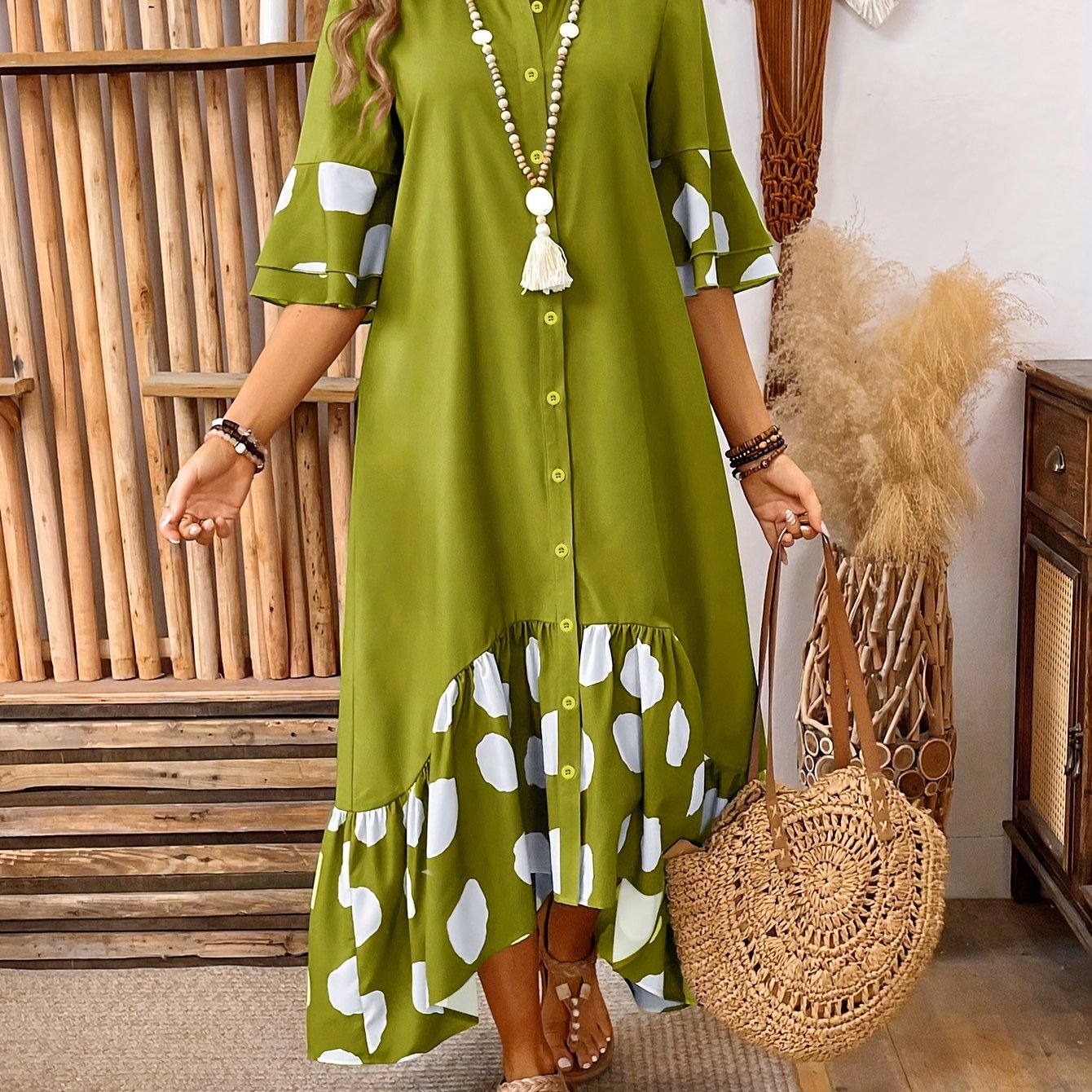 Elegant Women'S Long Sleeveless Dress with Front Button Detail and Polka Dot Print - Semi-Sheer A-Line Midi Skirt Dress for Spring/Fall, Cute Dress