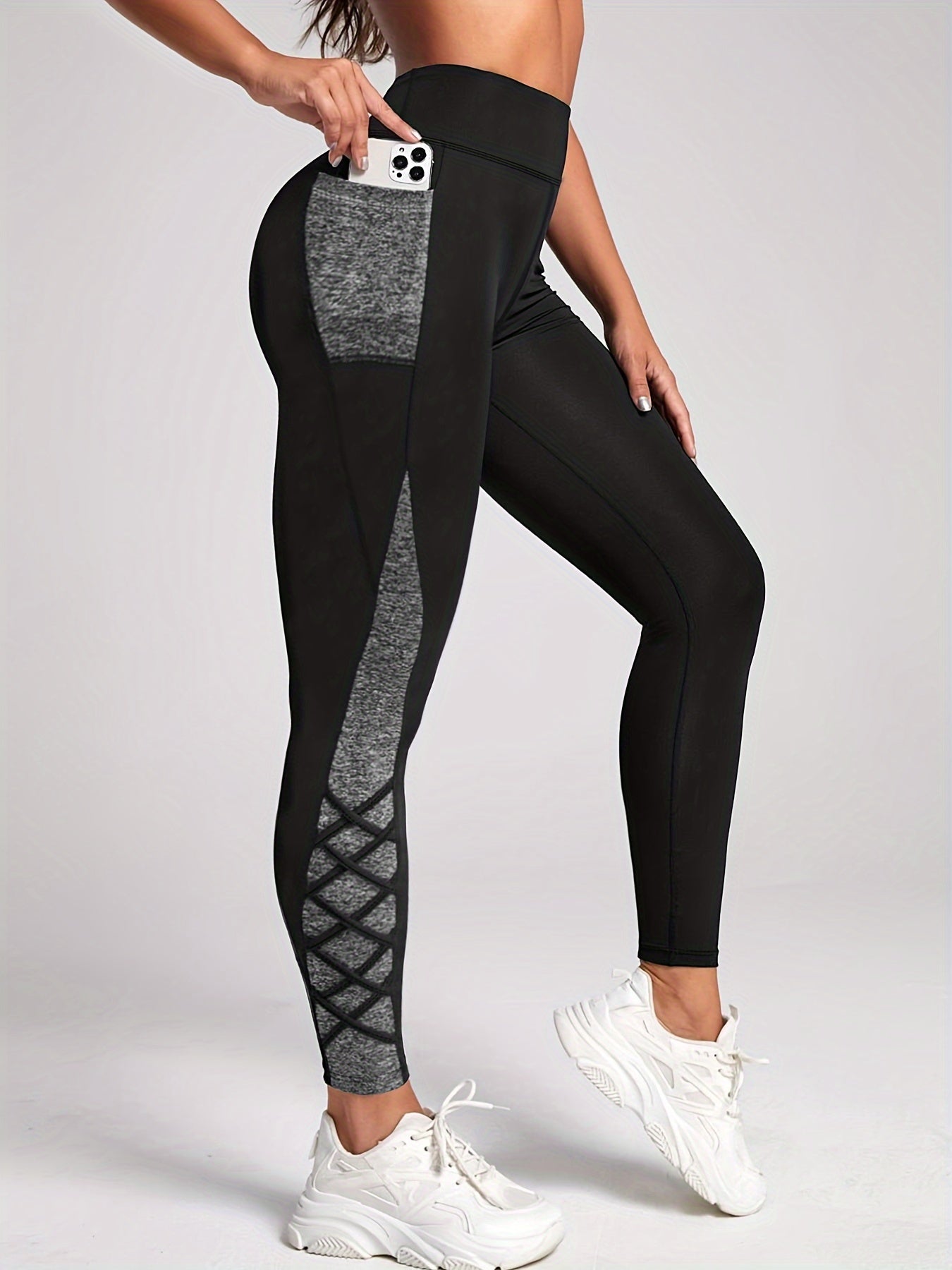 Casual Women's Pocket Contrast Color Stitching Cross Strap Comfortable Elastic Waist All-match Skinny Yoga Leggings