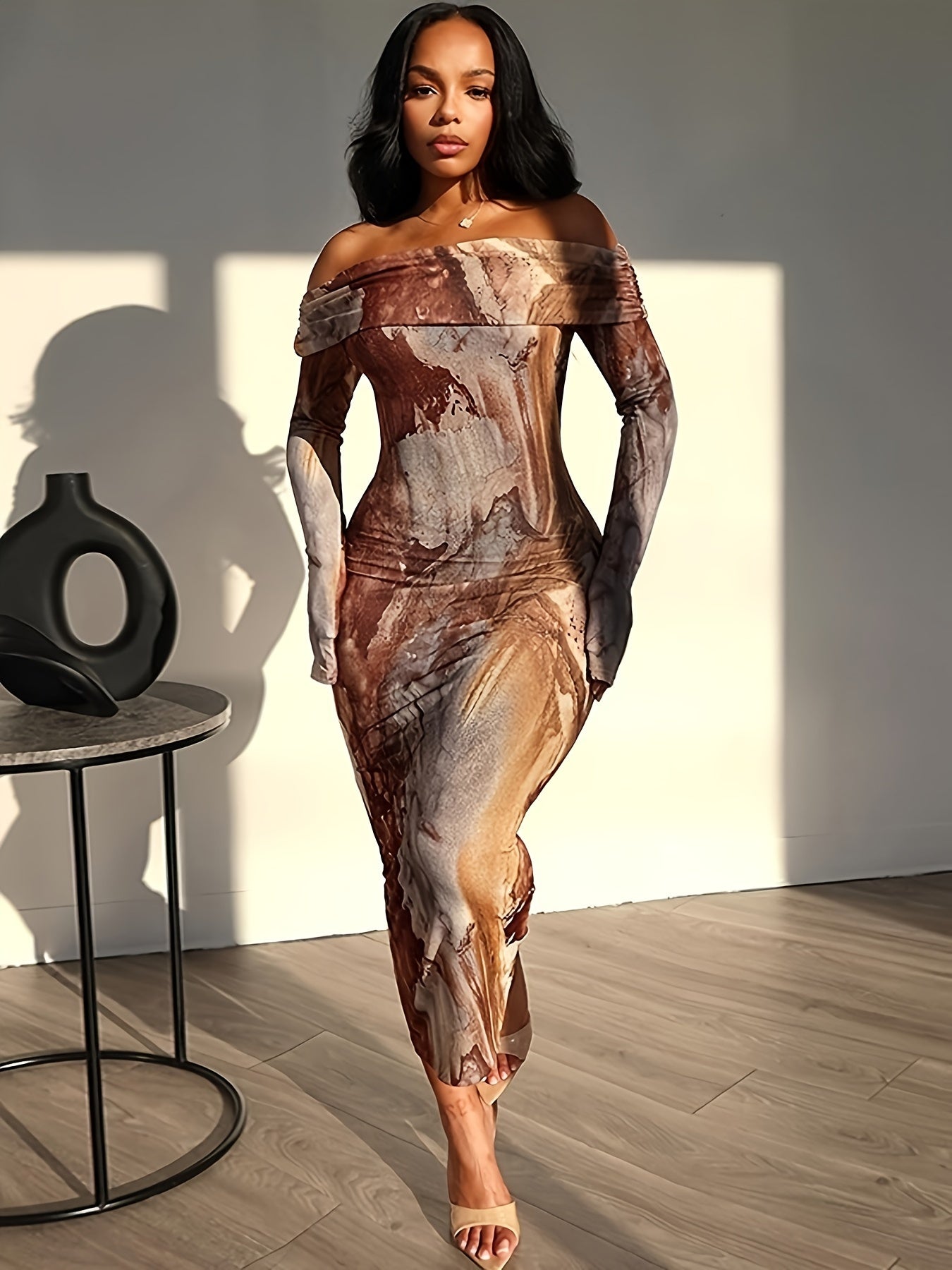 Tie Dye Off Shoulder Dress - Elegant Long Sleeve Bodycon Dress For Party & Club - Polyester - For Women - Suitable for Weddings, Engagements, Parties - Perfect Gift for Her