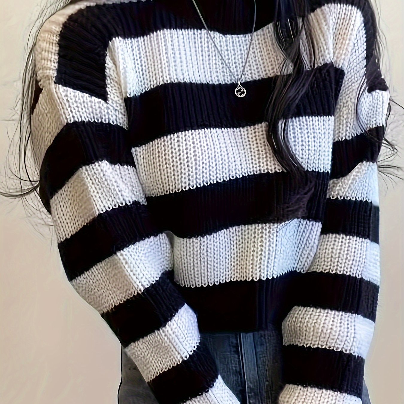 Women's Striped Long Sleeve Sweater - Casual Loose Fit, Black and White Knit Pullover for Fall, Soft Polyester Blend, Spring Summer Apparel|Horizontally Striped|Knit Texture