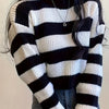 Women's Striped Long Sleeve Sweater - Casual Loose Fit, Black and White Knit Pullover for Fall, Soft Polyester Blend, Spring Summer Apparel|Horizontally Striped|Knit Texture