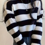 Women's Striped Long Sleeve Sweater - Casual Loose Fit, Black and White Knit Pullover for Fall, Soft Polyester Blend, Spring Summer Apparel|Horizontally Striped|Knit Texture