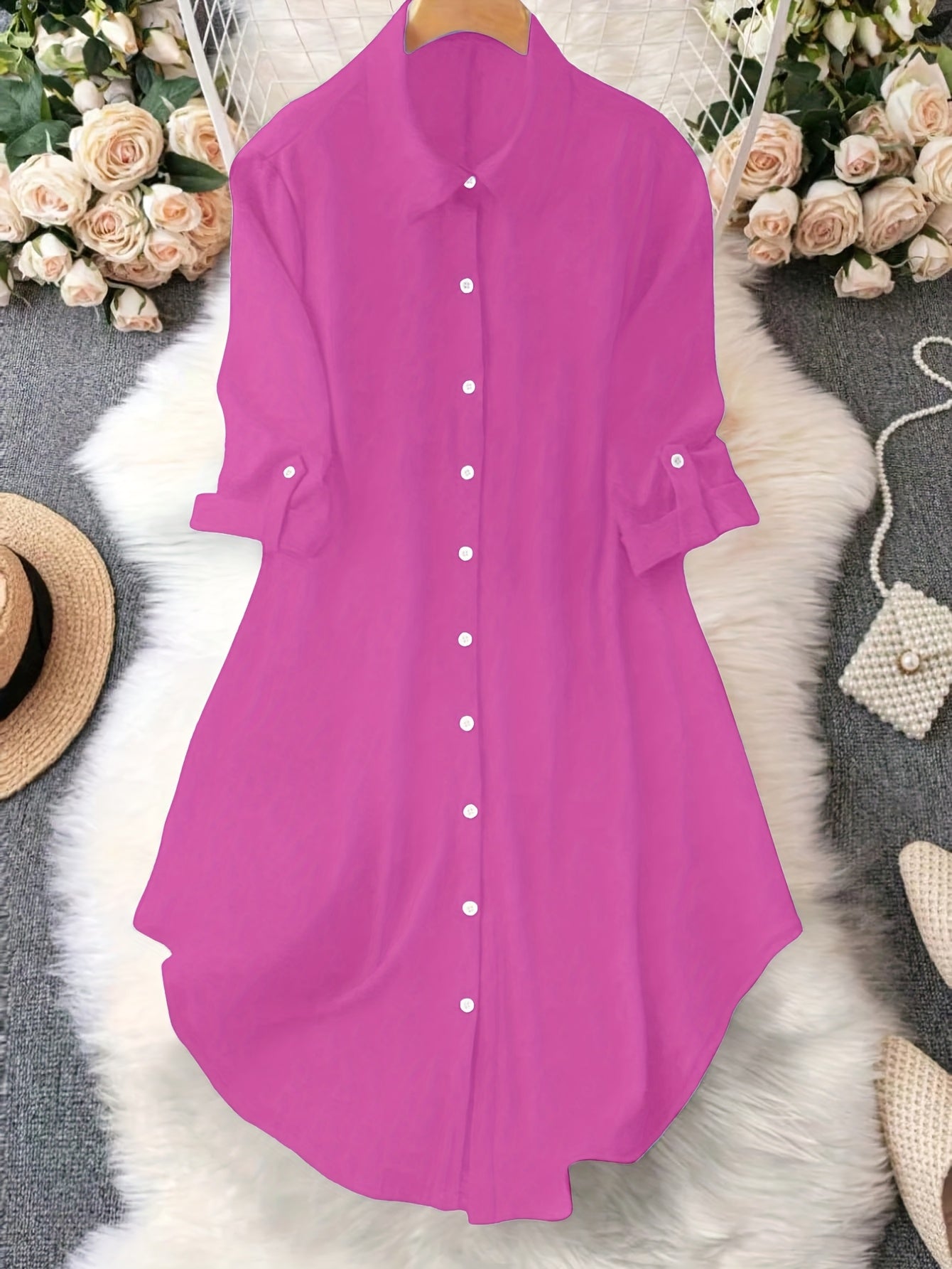 Women'S Light Blue Dress Shirt with Front Buttons and Sleeves - Casual Crew Neck, Long Sleeve, Solid Color, Polyester, Perfect for Spring and Fall, Ladies Dress