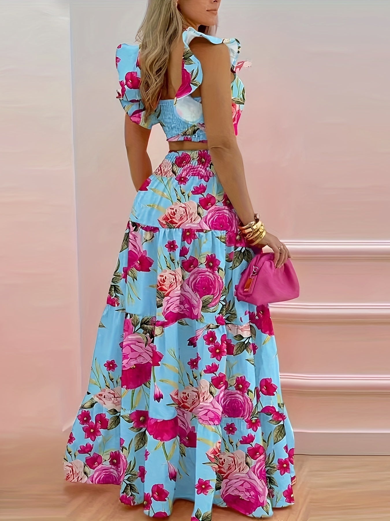 Vacation Style Floral Print Two-piece Set, Ruffle Trim Crop Top & High Waist Swing Skirt Outfits, Women's Clothing