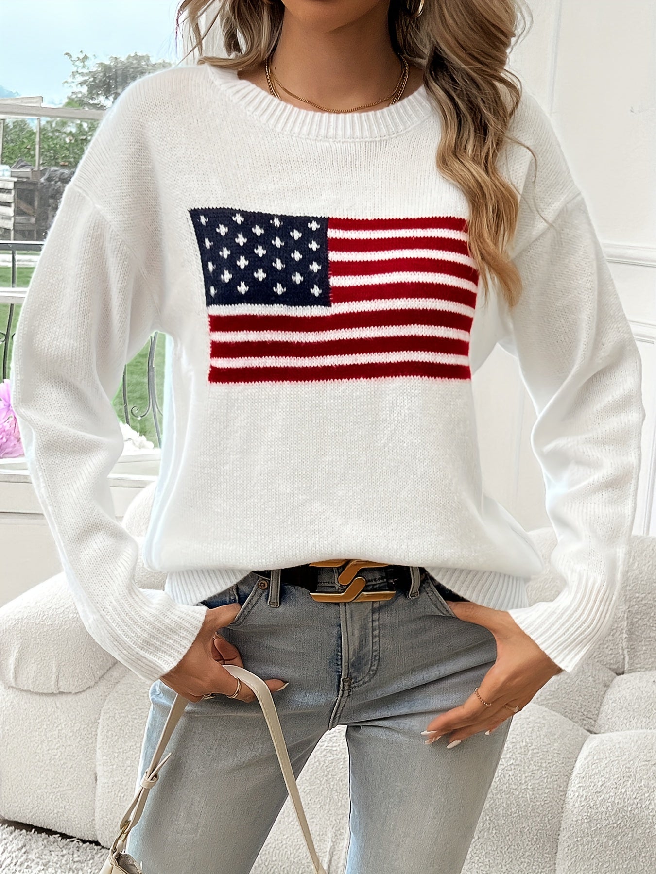 Women's Casual Long Sleeve Pullover Sweater with American Flag Pattern, Round Neck, Stretch Knit Fabric, Regular Fit, Autumn/Winter Fashion - For Women - Perfect for Casual Wear, Fall & Winter - Ideal Gift for Patriotic Fashi