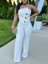 Women's Sleeveless Strapless Bodycon Jumpsuit - Stretchy High-Waisted Wide-Leg Romper with Golden-Tone Buttons, Solid White Elegant Outfit for All Seasons, Hand Wash Only, Allseason Fashion | Offshoulder Style | Sophisticated
