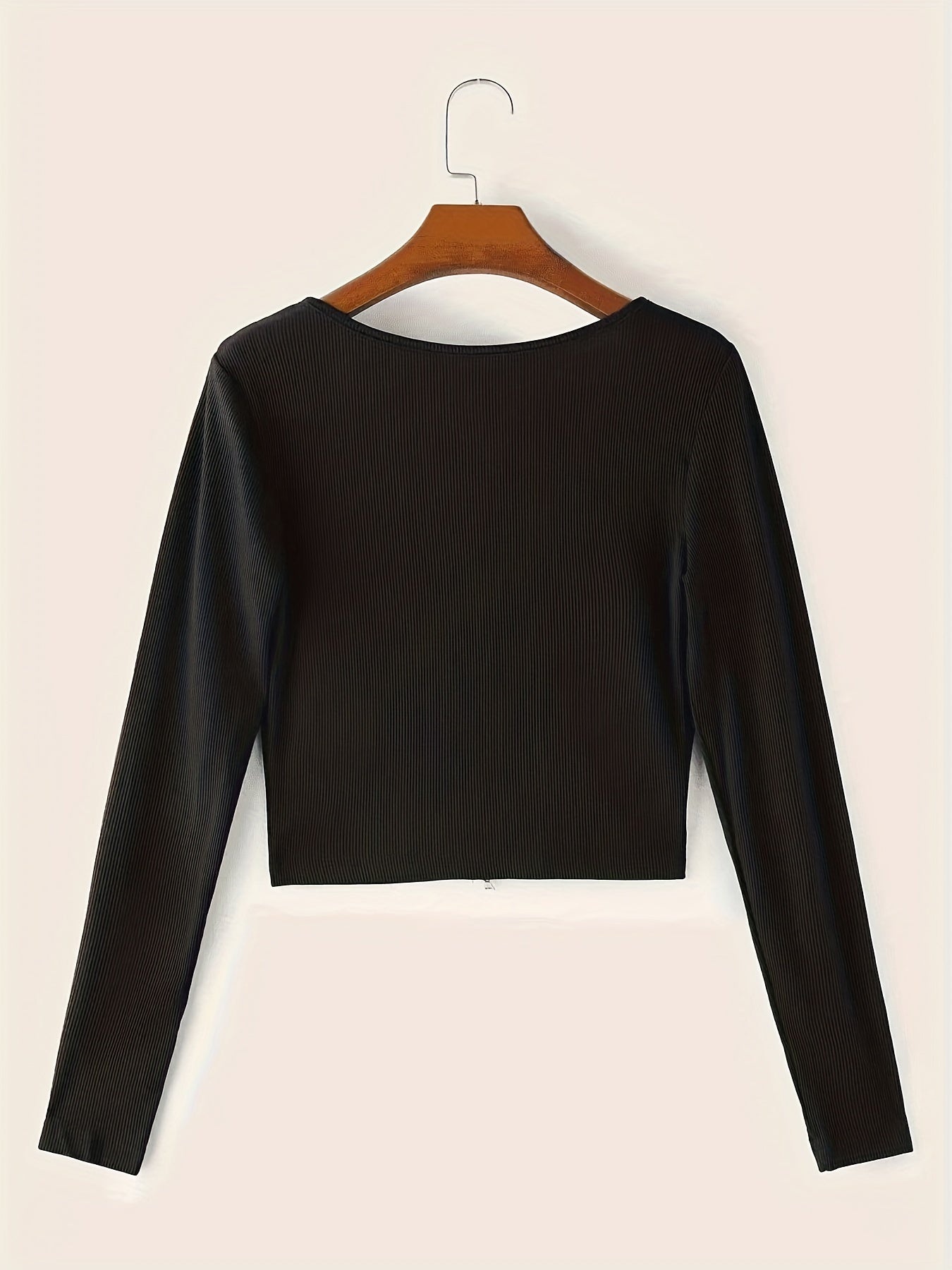 Letter Rhinestone Notched Neck Knitted Top, Casual Long Sleeve Crop Slim Sweater, Women's Clothing