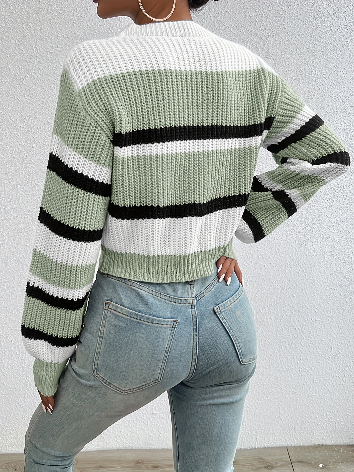 Casual Colorblock Knitted Crew Neck Sweater - Drop Shoulder Long Sleeve - Women's Clothing