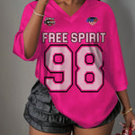 Women's Bright Pink V-Neck Breathable Mesh Athletic T-Shirt - FREE SPIRIT 98 Graphic Print, Summer Casual Sportswear, Machine Washable, Summer Athletic Wear | Sporty Vneck Top | Sporty Graphic Shirt, Sports T Shirt