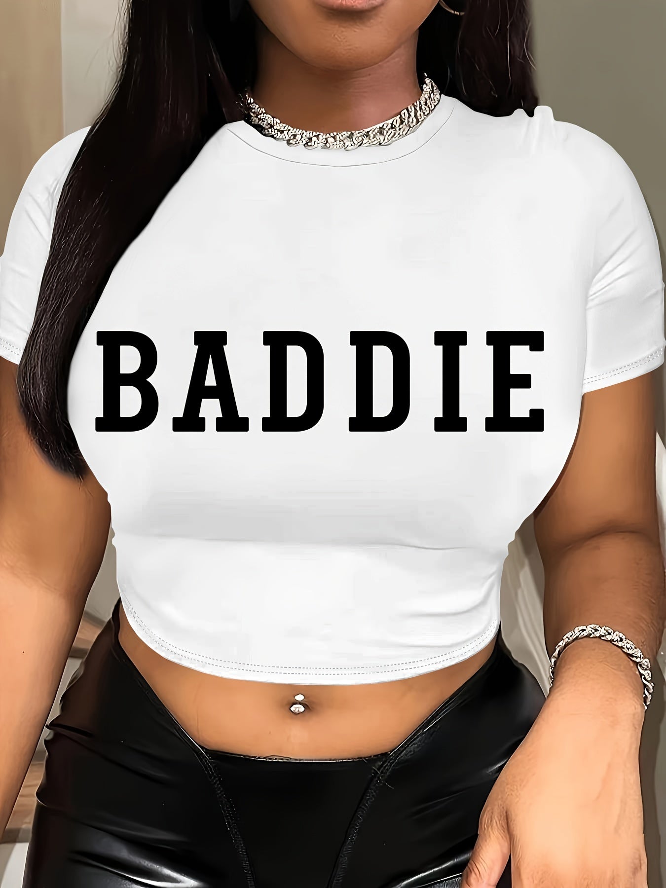 Letter Print Crew Neck Crop T-Shirt, Casual Short Sleeve T-Shirt For Spring & Summer, Women's Clothing