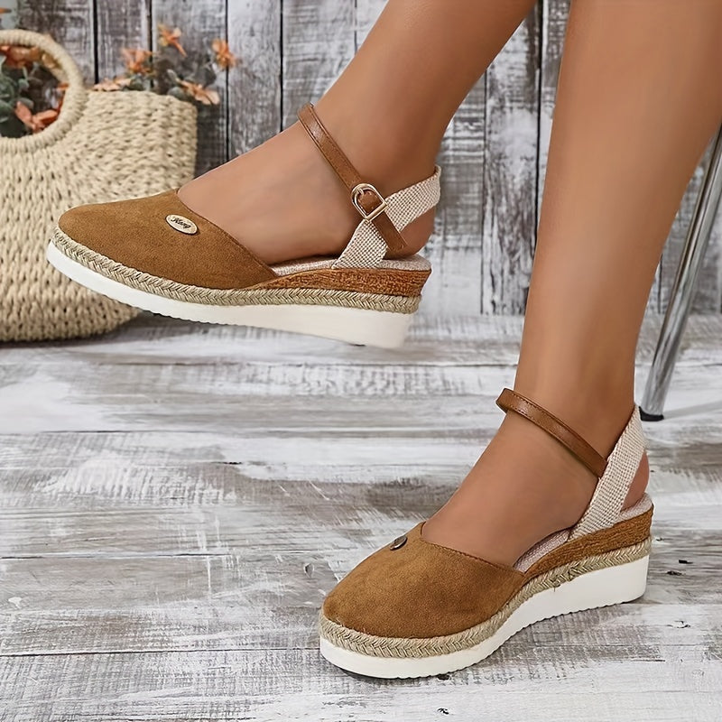 [Colorblock Platform Sandals Women's] Women's Colorblock Platform Sandals, Ankle Buckle Strap Comfy Slingback Shoes, Versatile Closed Toe Wedge Shoes