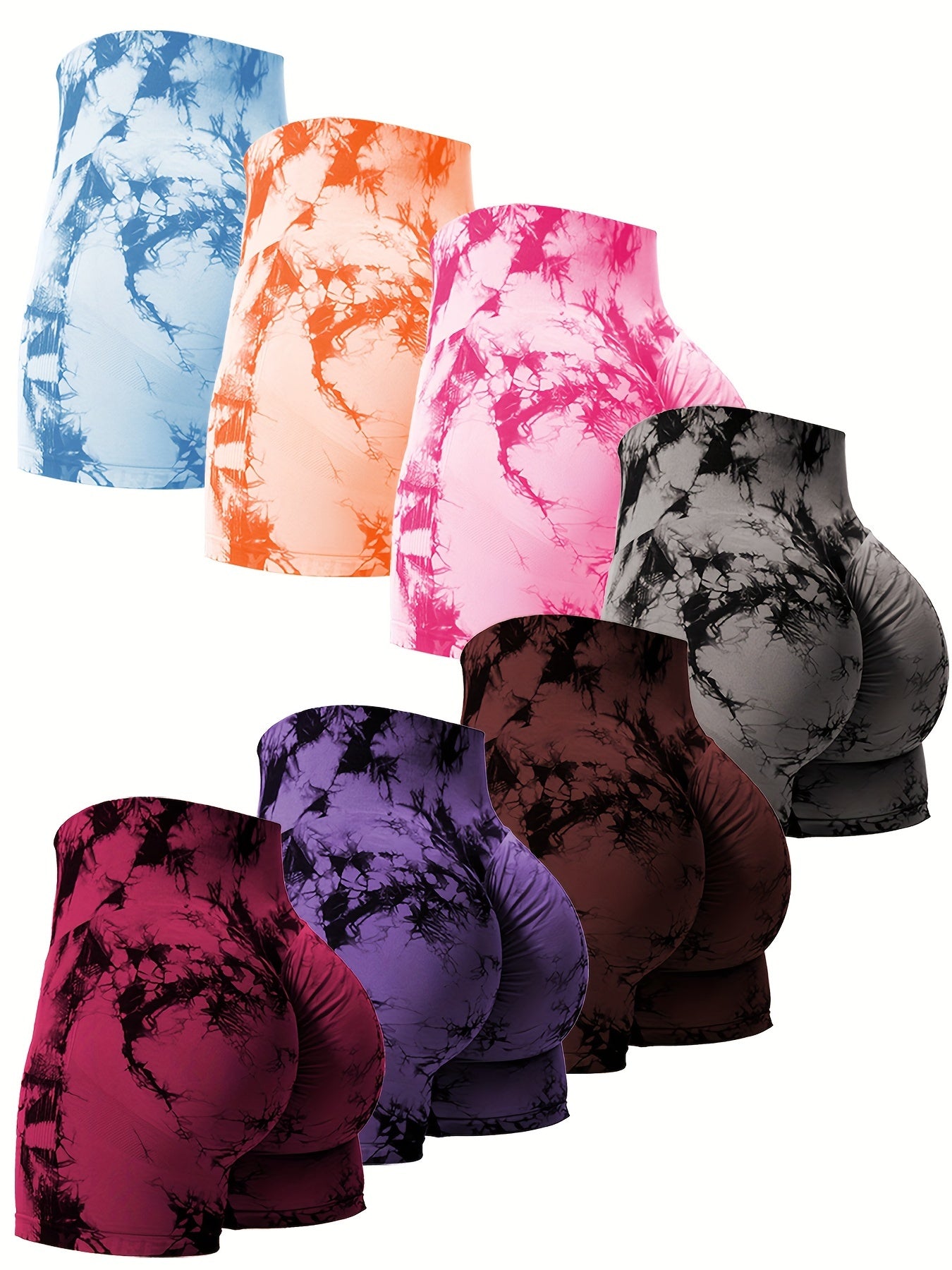 Set Of 7 High Waist Belly Control Shaping Shorts, Tie-dye Yoga Peach Hip-lifting, Compression Fit For Gym And Outdoor Summer Activities, Multi-color Combination Set
