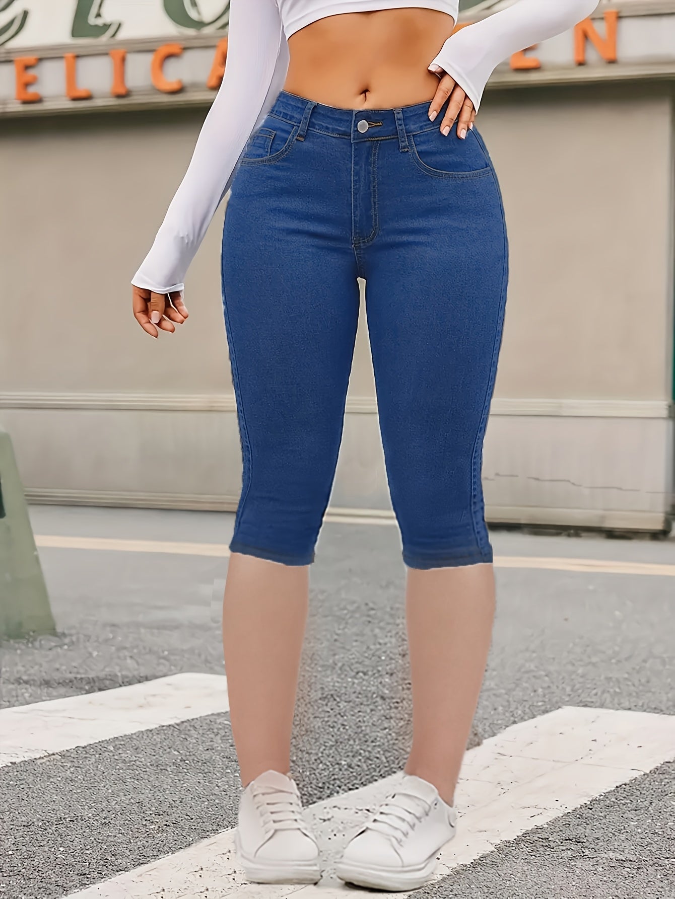 Women'S Casual High Elasticity 7-Inch Denim Shorts - Skinny Fit, Zipper Fly, Button Closure, Light Blue, Spring/Summer Fashion, Casual Wear|Skinny Fit Jeans|Zipper Fly Jeans