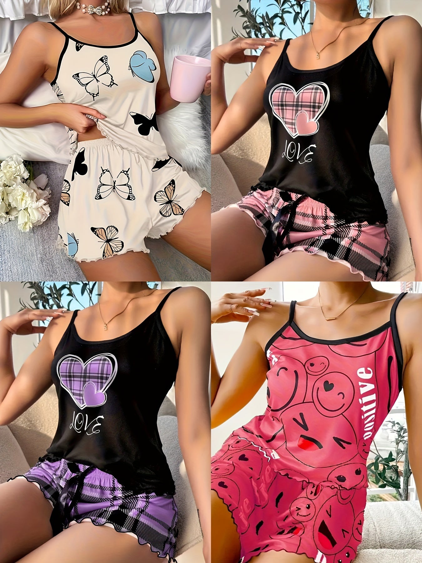 4 Sets Women's Heart & Butterfly & Smiling Face Print Frill Trim Casual Pajama Set, Round Neck Backless Cami Top & Shorts, Comfortable Relaxed Fit