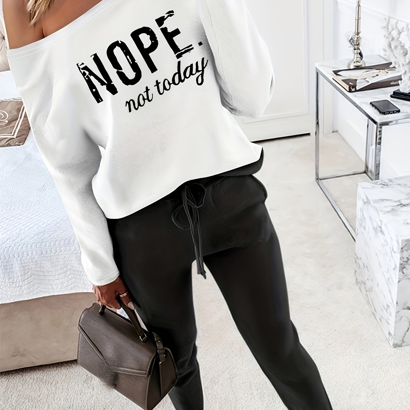 Two-piece Set: Nope Not Today Print Long Sleeve Top & Solid Drawstring Pants Outfits for Women, Casual Spring & Fall Clothing