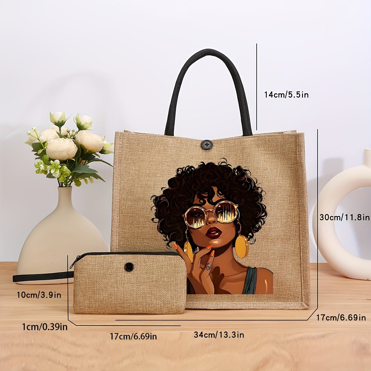 2-Piece Set Women's Fashion Printed Tote Bag and Mini Coin Purse - Casual Style, Machine Washable, Khaki Fabric with Shoulder Straps, Snap Closure, Polyester Lining, Position Print, No Oil Edging - For Women - Suitable for Ev