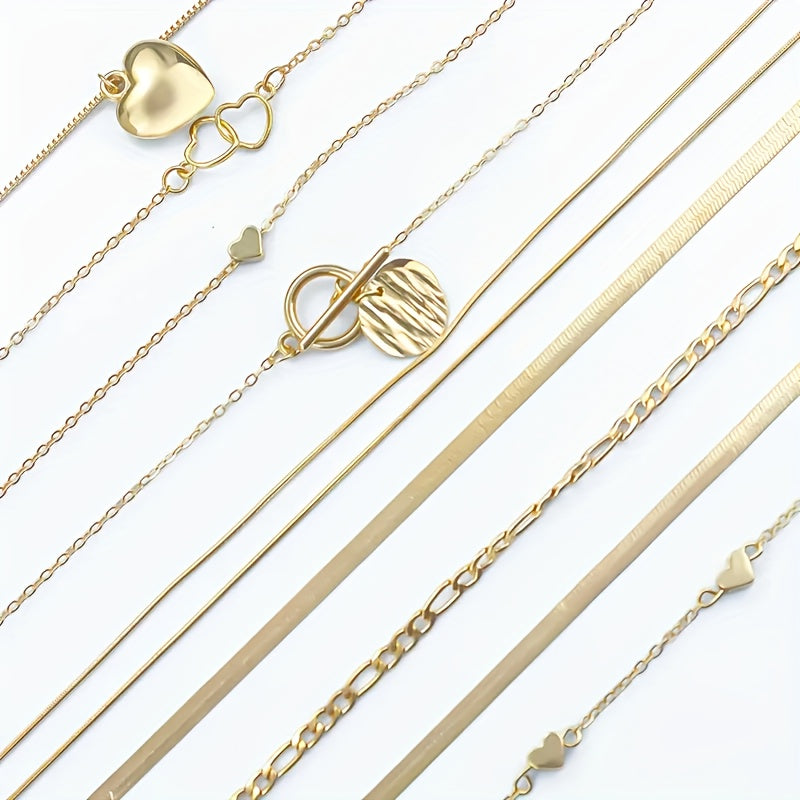 10pcs Vintage Luxury Necklace Set, Heart & Geometric Pendants, Snake Chains & OT Clasp, Alloy, for Daily Wear & Parties, Ideal Valentine'S Day Gift, All-Season Jewelry Collection