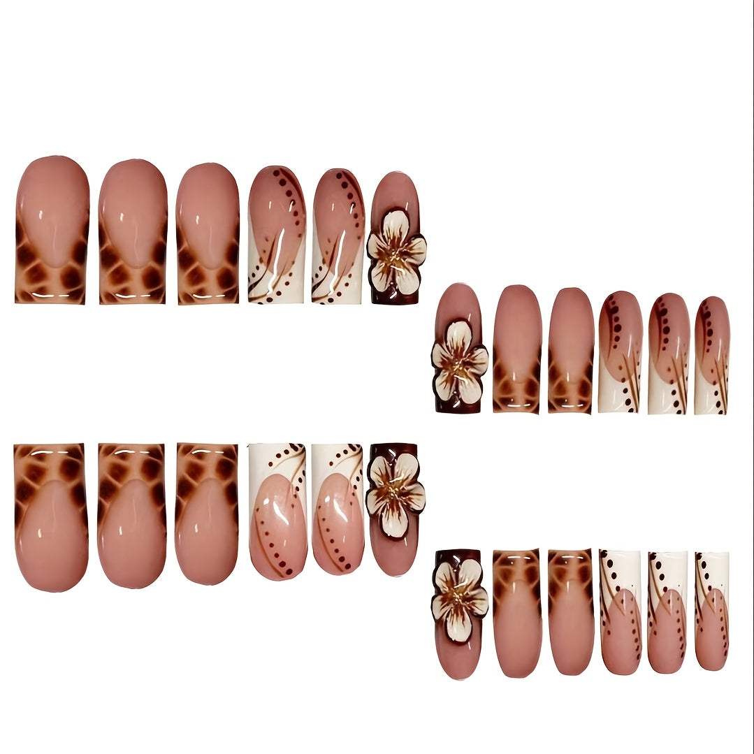 24pcs Press On Nails Set, Full Cover Medium Length, Leopard Print & Colorblock Design, Glossy Finish, with 3D Floral Accents, Includes Nail File and Jelly Glue