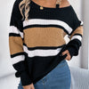 Chic Off-Shoulder Color Block Sweater with Metal Buckle Detail - Casual Long Sleeve Knit for Women, Perfect for Fall/Winter