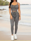 Casual Stretchy Solid Color Pants Set, Crew Neck Crop Cami Top & Drawstring Waist Skinny Leggings, Women's Clothing
