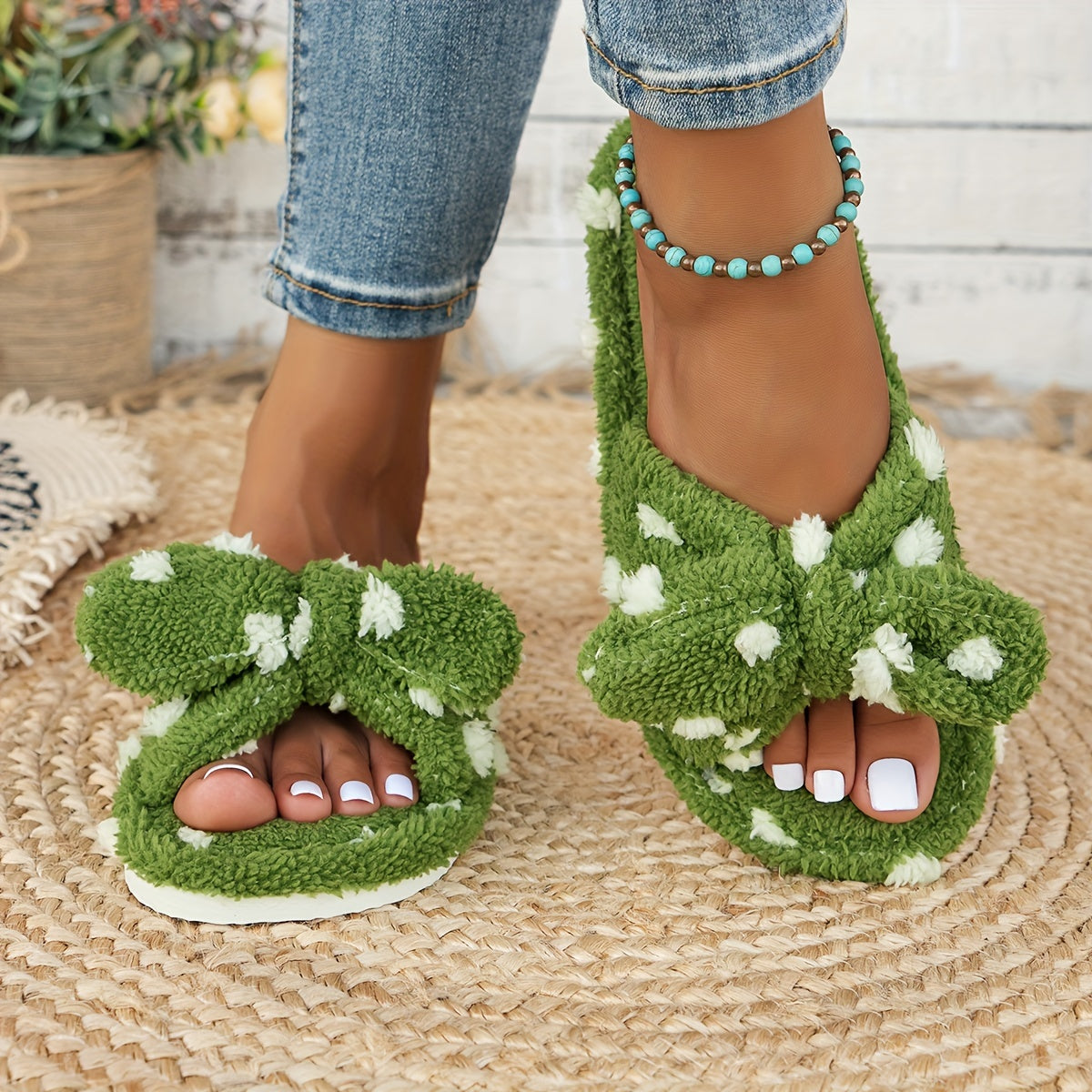 Women's Casual Polka Dot Pattern Slippers with Cute Bow, Comfortable Warm Plush Indoor House Shoes, Fabric Upper/Inner, EVA Sole, Hand Washable - Spring/Fall Season, House Slippers