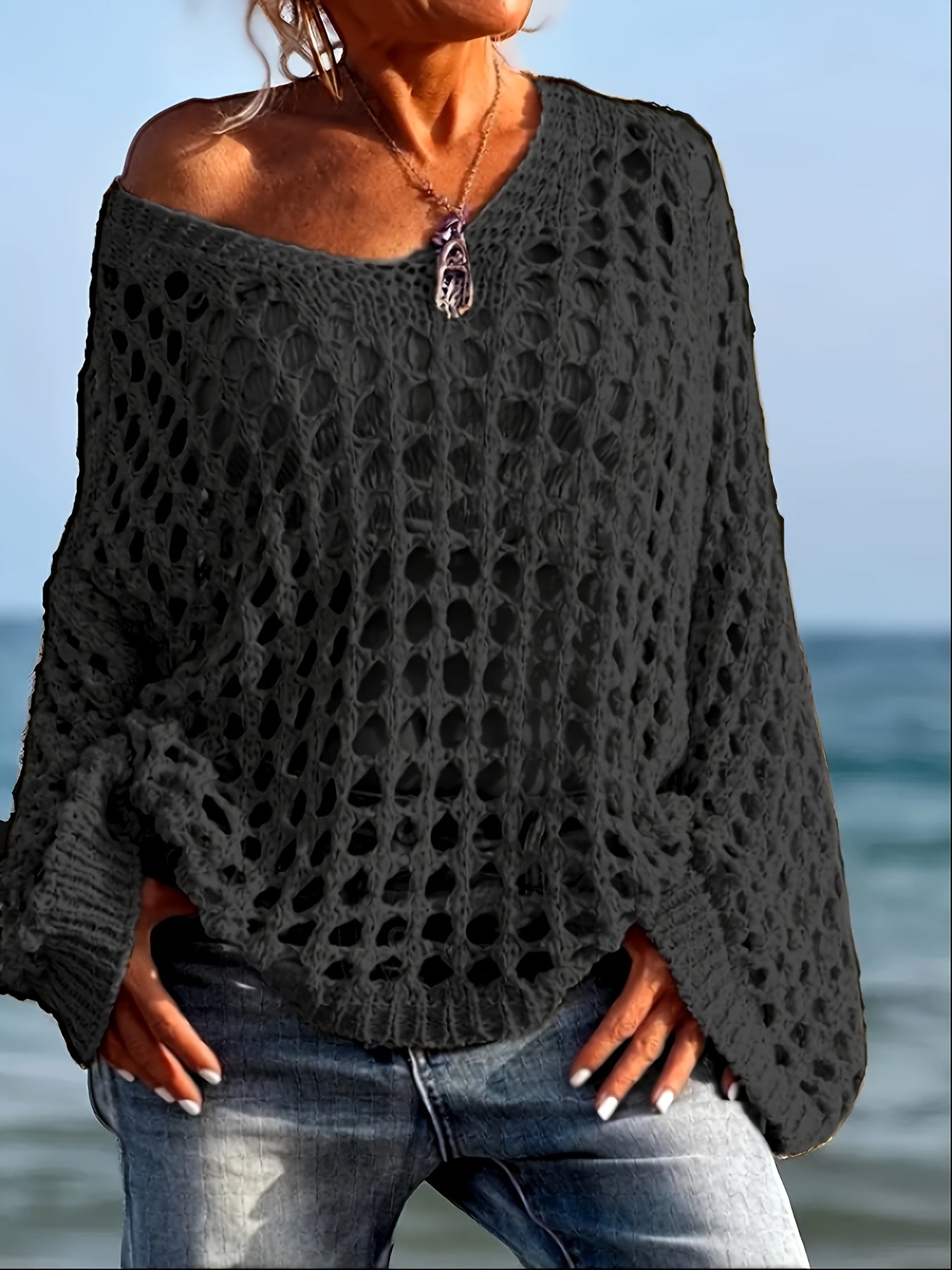 [Beach-Ready] Women's Crochet Knit Top | Long Sleeve | Polyester | Breathable | Casual | Spring & Summer