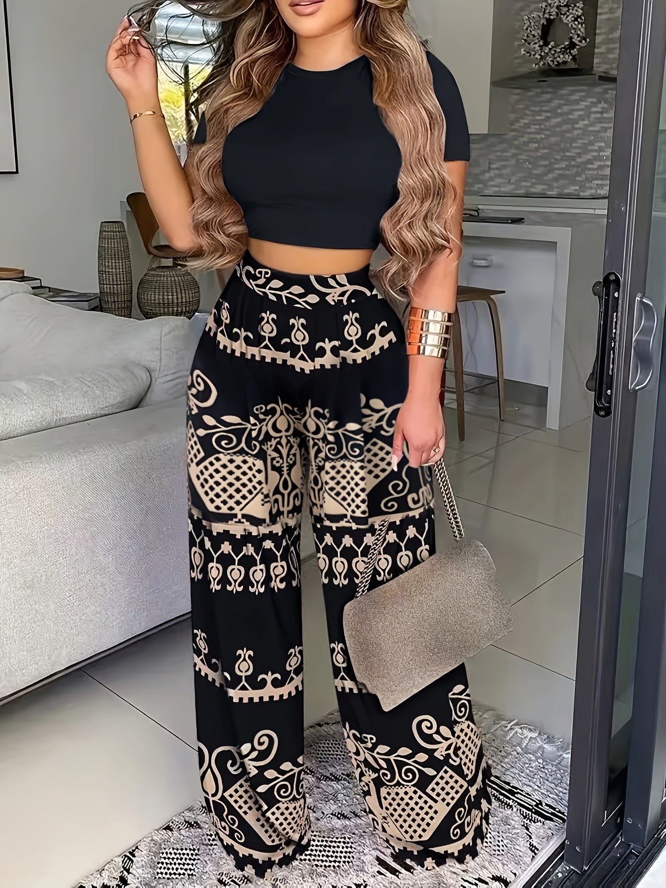 New Summer Short Sleeve Top with Pleated Trousers 2pcs Set for Women