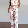2pcs Women's Elegant Floral Print Halter Top and Pants Set