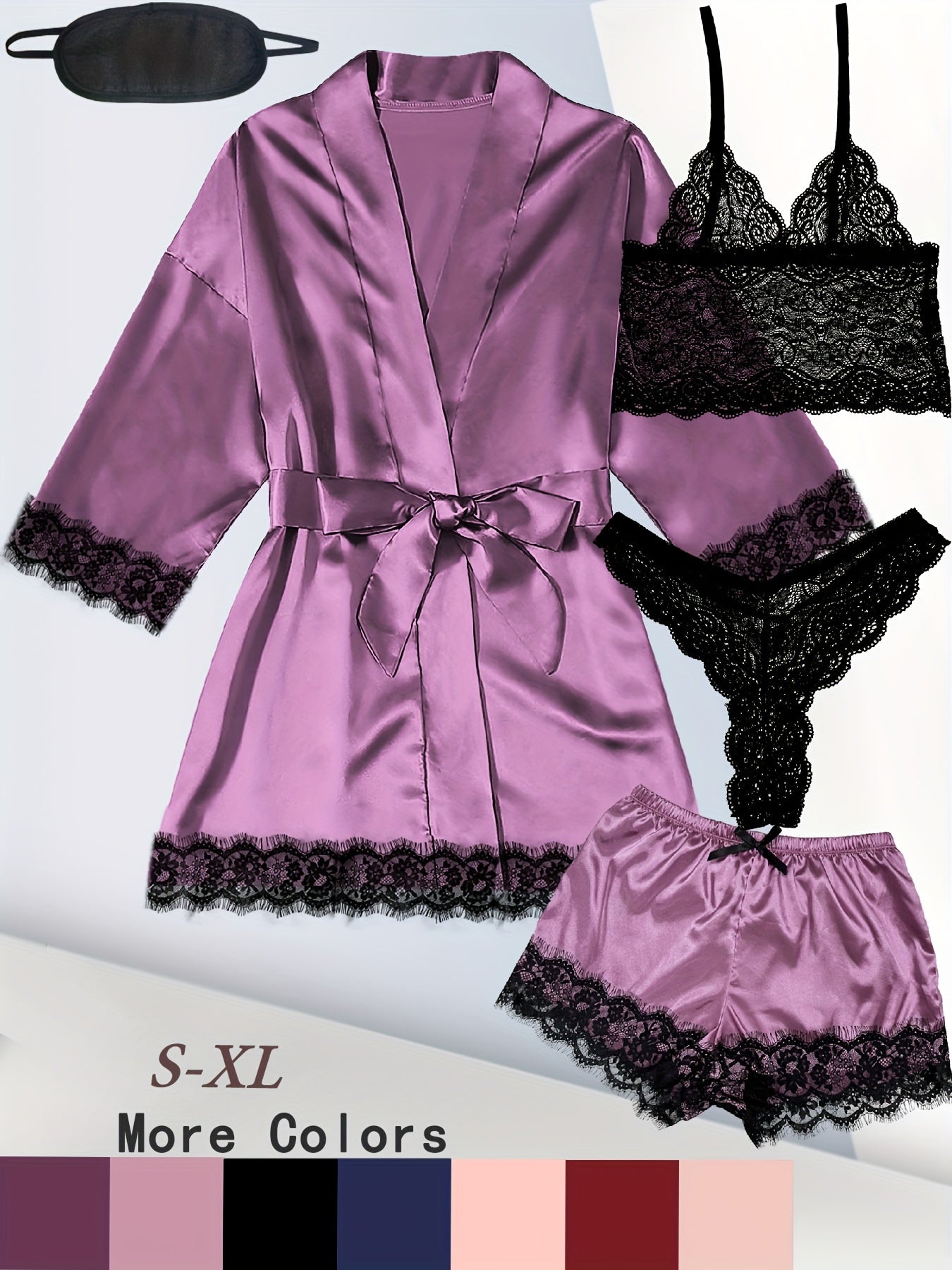Women's Plus Sexy Lounge Set - Plus Size Satin Contrast Eyelash Lace Belted Nightgown & Camisole & Panty & Shorts With Free Eye Mask - For Women - Perfect for Lounging & Sleepwear - Ideal Gift for Her