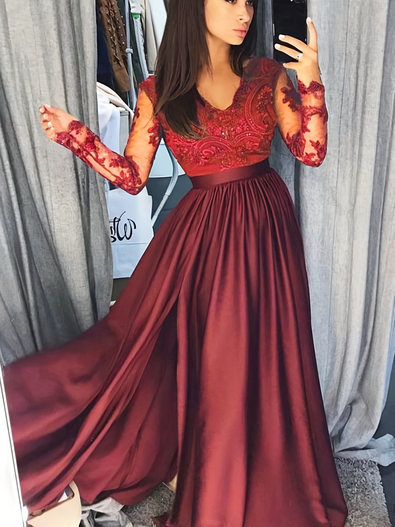 Women'S Crochet Lace Formal Dress Solid Color Long Sleeve Party Wedding Dress Bridesmaid Long Dress