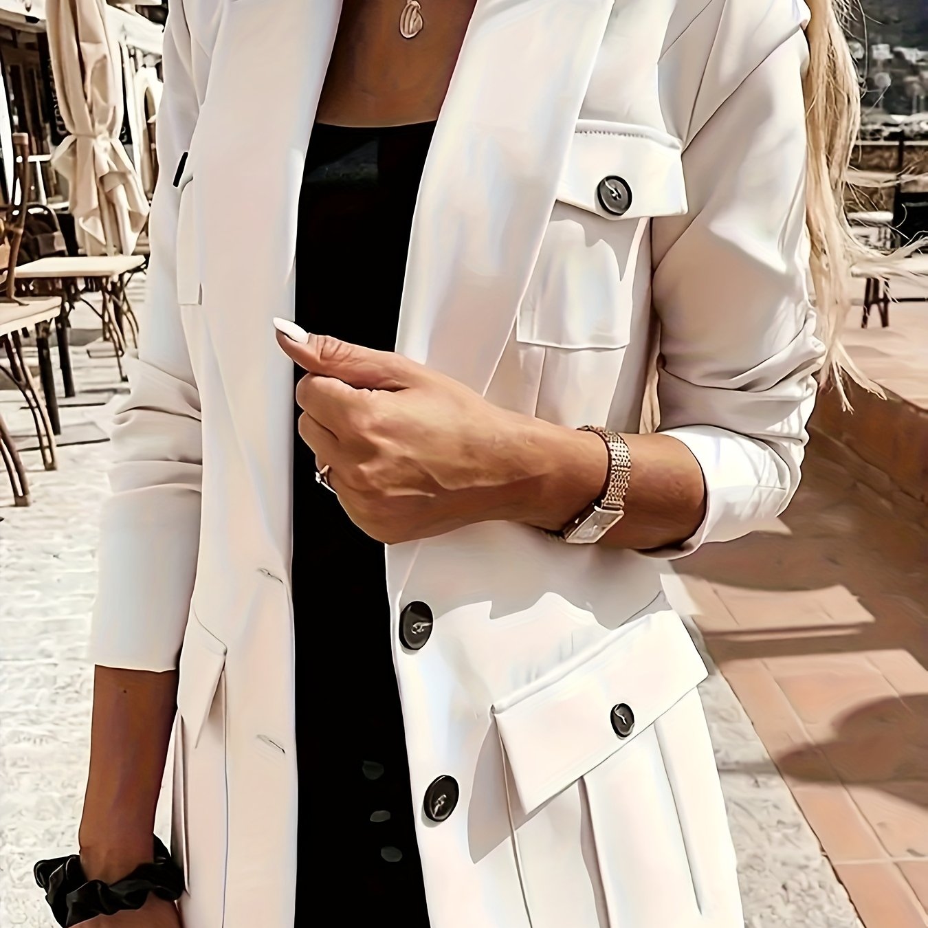 Women's Elegant White Blazer with Pockets - Long Sleeve, Button Front, Polyester Office Jacket for Professional Style, Elegant Clothing | Sophisticated Blazer | Singlebreasted Design