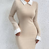 Contrast Collar Keyhole Bodycon Dress, Elegant Long Sleeve Mini Dress For Spring & Fall, Women's Clothing