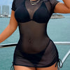 Women'S Sexy Sheer Mesh Bikini Set, 3pcs Swimsuit with Short Sleeves, Solid Color, Knit Fabric, Polyester 90%, Elastane 10%, Medium Stretch, 125/220 g/m², Contrast Mesh Detail