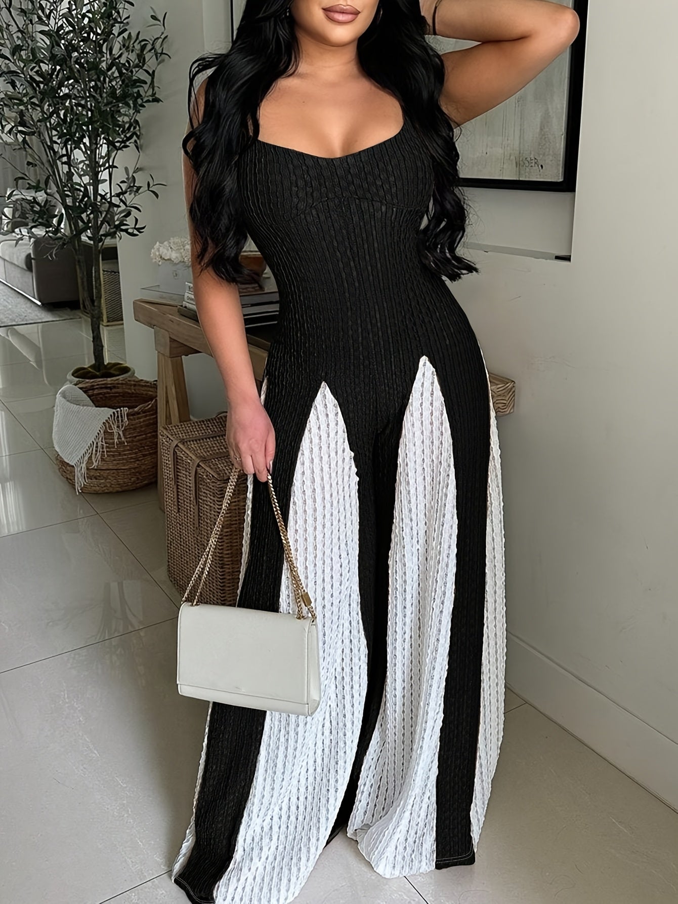 Women'S Casual Textured Patchwork Backless Color-Blocking Loose-Fitting Jumpsuit with Thin Straps